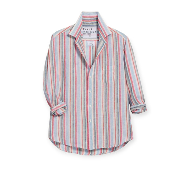 Frank & Eileen Multi Stripe Green White Pink Blue Eileen Linen Shirt Size Medium - Picture 1 of 6